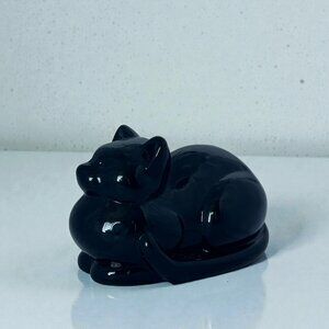 1980s Loafing Black Cat Paperweight Solid Glass Vintage 3.25" Long Kitty Kitten